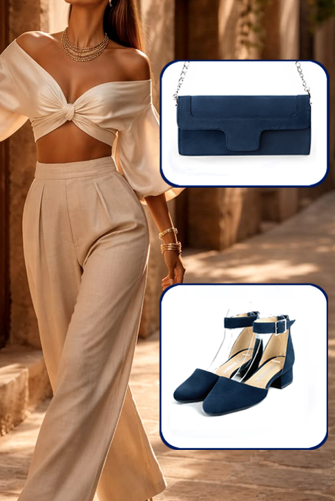 Dress heels closed-back ankle strap in navy blue leather with low block heels and round toe - Worn view